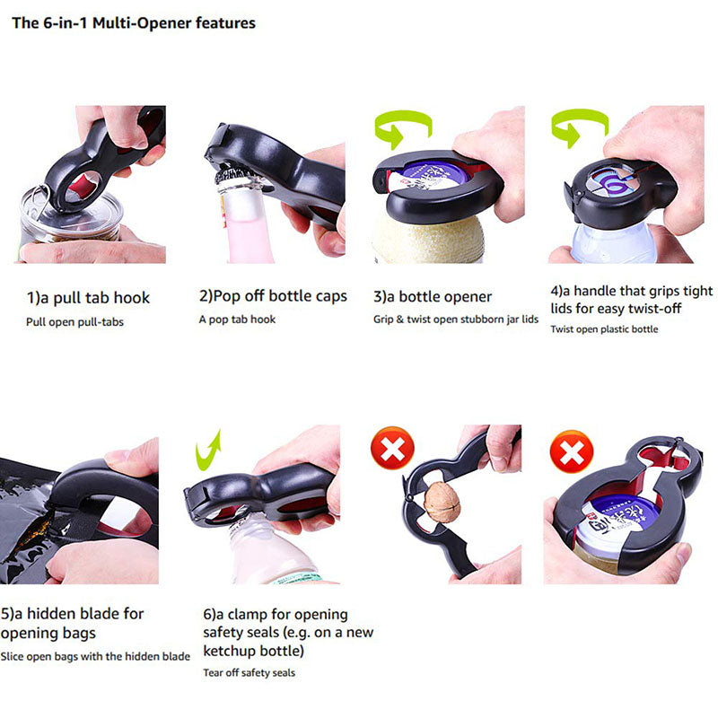 Plastic 6 in 1 Multi-function Bottle Can Opener Tools Kitchen Gadget